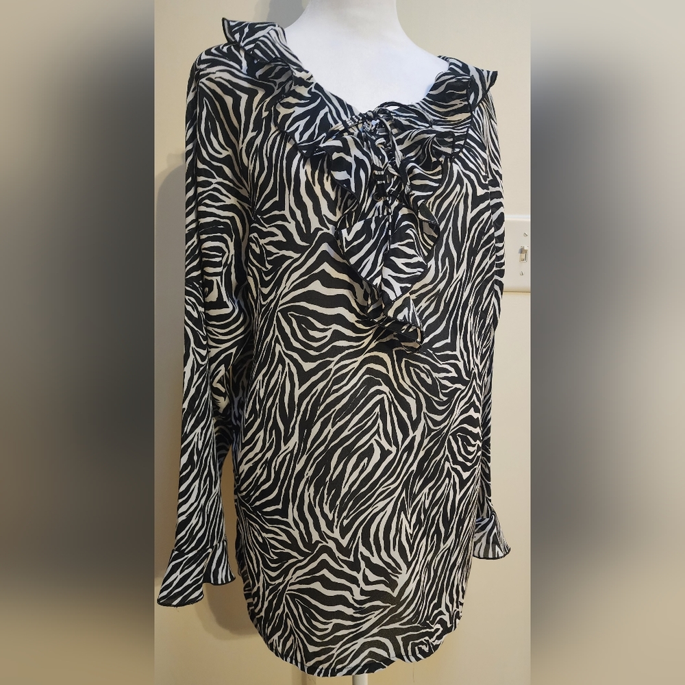Ruffled Zebra Print Long Sleeved Top/Tunic with Lace up Ruffled Collar Size XL
